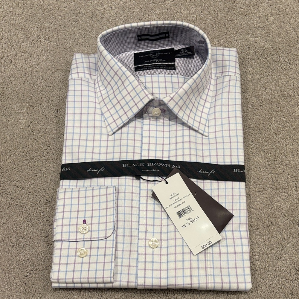 Black Brown 1826 Men's White and Purple Checkered Dress Shirt